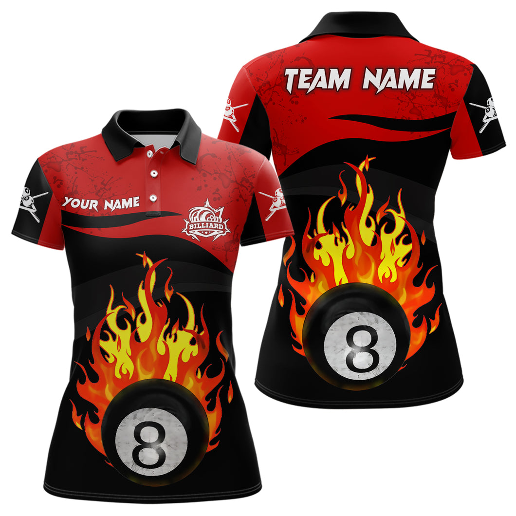 Personalized 8 Ball Pool Flame Black Red Billiard Women Polo Shirts Best Custom Billiard Team Shirts TDM0398