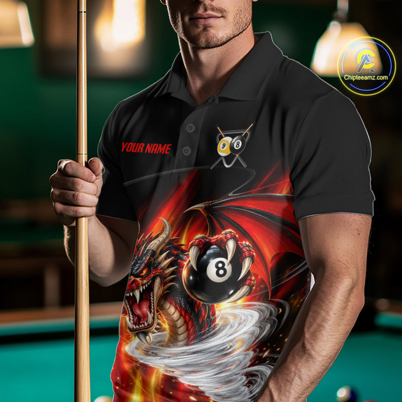Black And Red 8 Ball 9 Ball Flaming Dragon Billiard Shirts For Men Custom Tornado Pool Team Jersey TDM7936