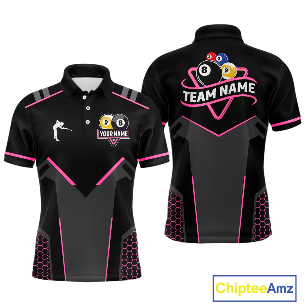 Personalized 8 Ball & 9 Ball Pool Billiard Polo, 1/4 Zip For Men Custom Team Billiard Jersey|Pink TDM4048