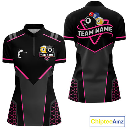 Personalized 8 Ball & 9 Ball Pool Billiard Polo, 1/4 Zip For Women Custom Team Billiard Jersey|Pink TDM4048
