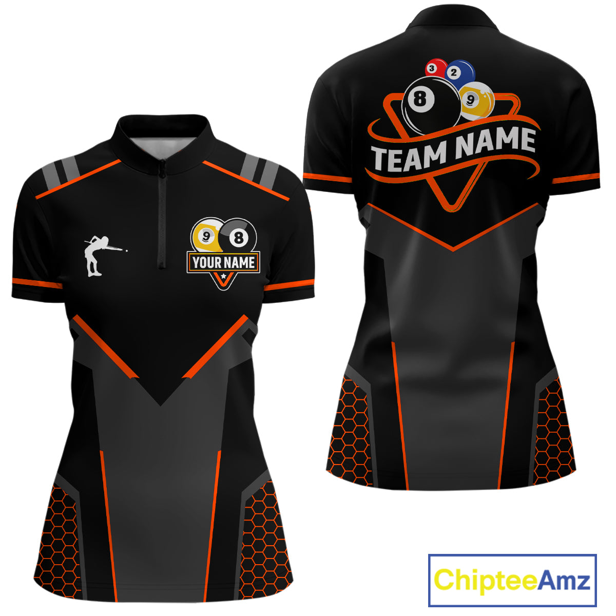 Personalized 8&9 Ball Pool Billiard Polo, 1/4 Zip For Women Custom Team Billiard Jersey|Orange TDM4049