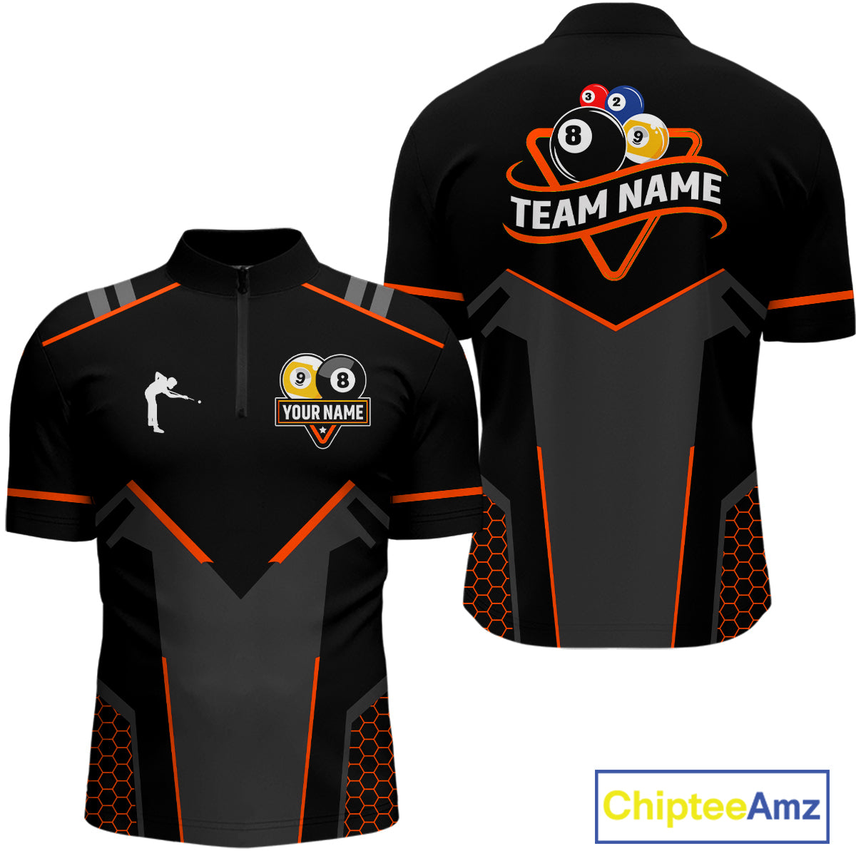 Personalized 8&9 Ball Pool Billiard Polo, 1/4 Zip For Men Custom Team Billiard Jersey|Orange TDM4049