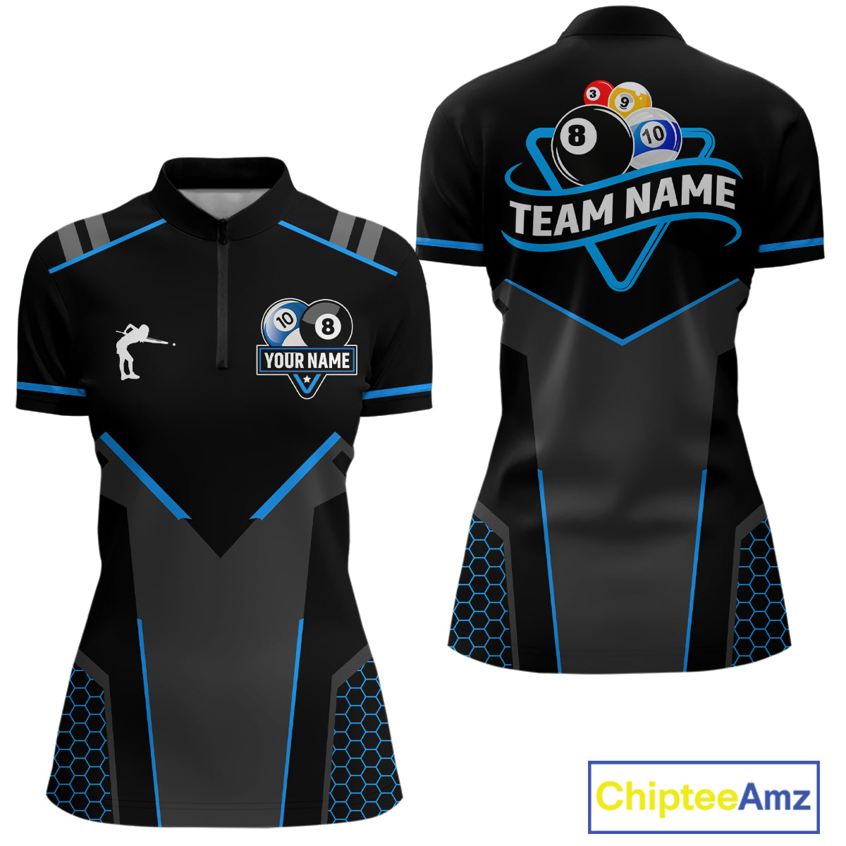 Personalized 8 Ball & 10 Ball Pool Billiard Polo, 1/4 Zip For Women Custom Team Billiard Jersey  TDM4050