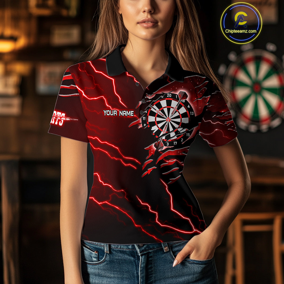 Personalized Thunder Lightning Eagle Red Darts Shirt Polo & Quarter Zip For Women Dart Team Jersey TDM4835