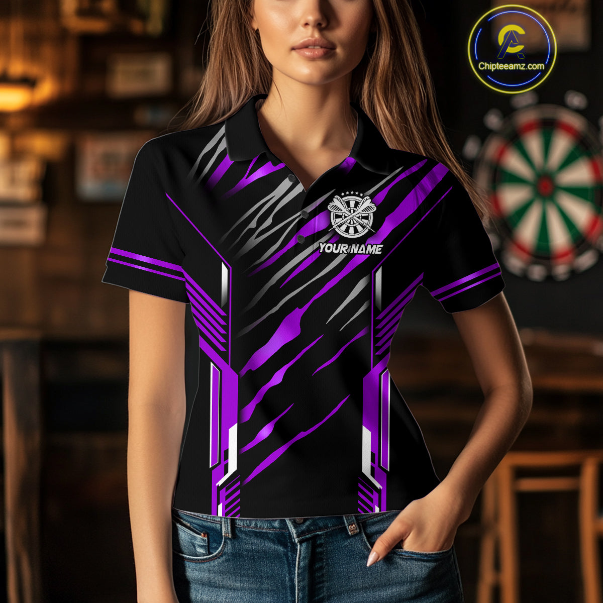3D Darts Board Fire Flame Custom Dart Shirts For Women, Dart League Jerseys Team Uniform |Purple TDM5052