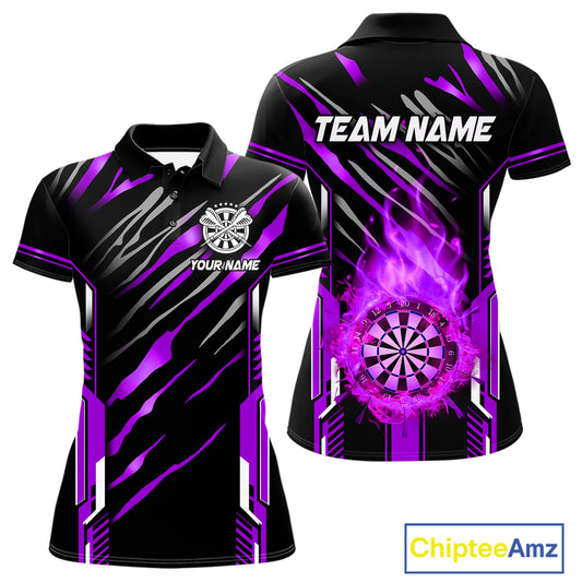 3D Darts Board Fire Flame Custom Dart Shirts For Women, Dart League Jerseys Team Uniform |Purple TDM5052