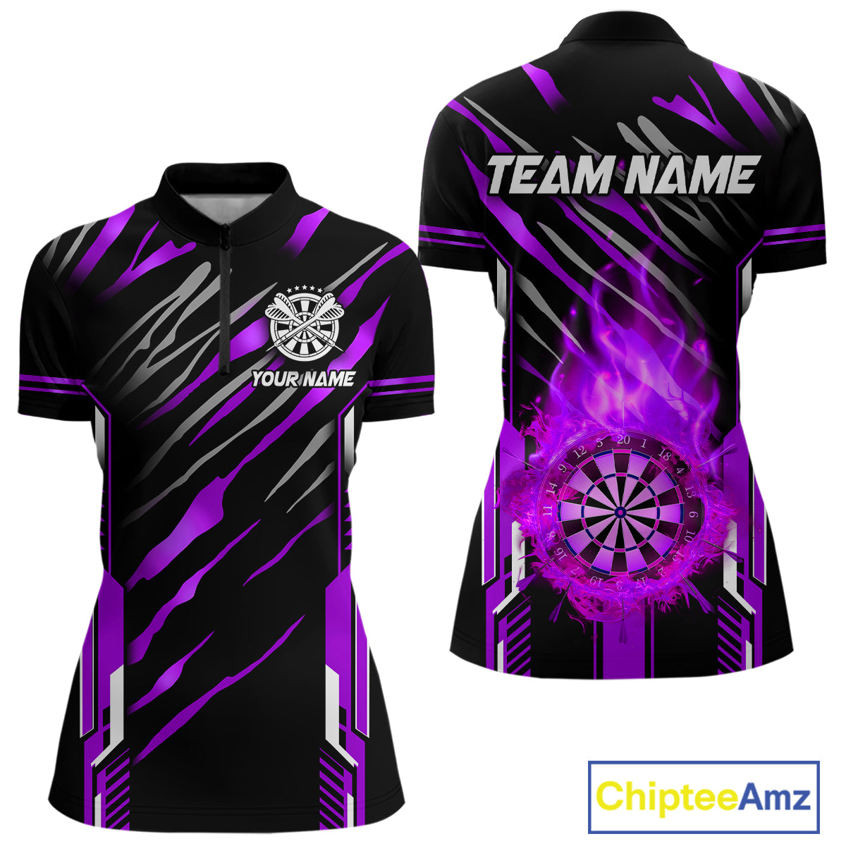 3D Darts Board Fire Flame Custom Dart Shirts For Women, Dart League Jerseys Team Uniform |Purple TDM5052