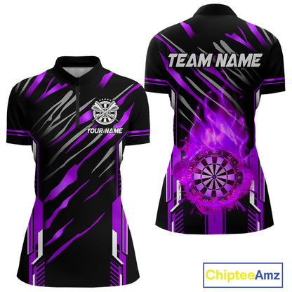 3D Darts Board Fire Flame Custom Dart Shirts For Women, Dart League Jerseys Team Uniform |Purple TDM5052