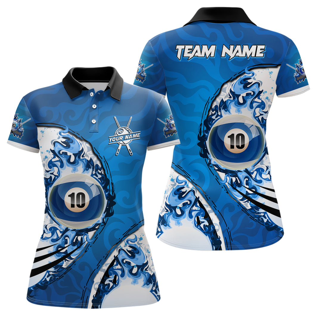 Personalized Blue Flaming 10 Ball Billiards Women Polo Shirts, Custom 10 Balls Pool Player Shirts TDM0957