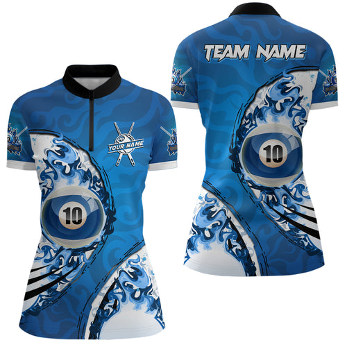 Blue Flaming 10 Ball Billiards Women Quarter-Zip Shirts, Custom 10 Balls Pool Player Shirts TDM0957