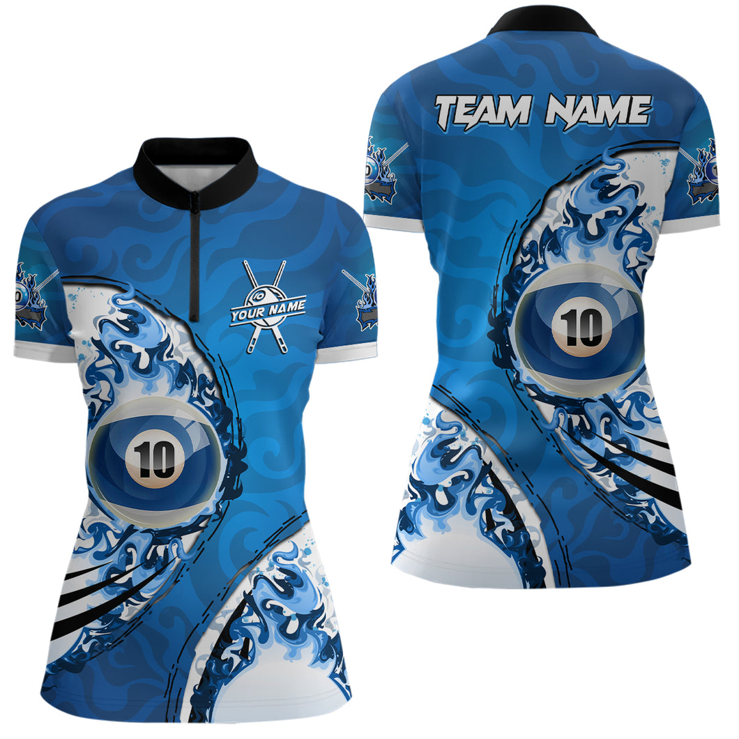 Blue Flaming 10 Ball Billiards Women Quarter-Zip Shirts, Custom 10 Balls Pool Player Shirts TDM0957