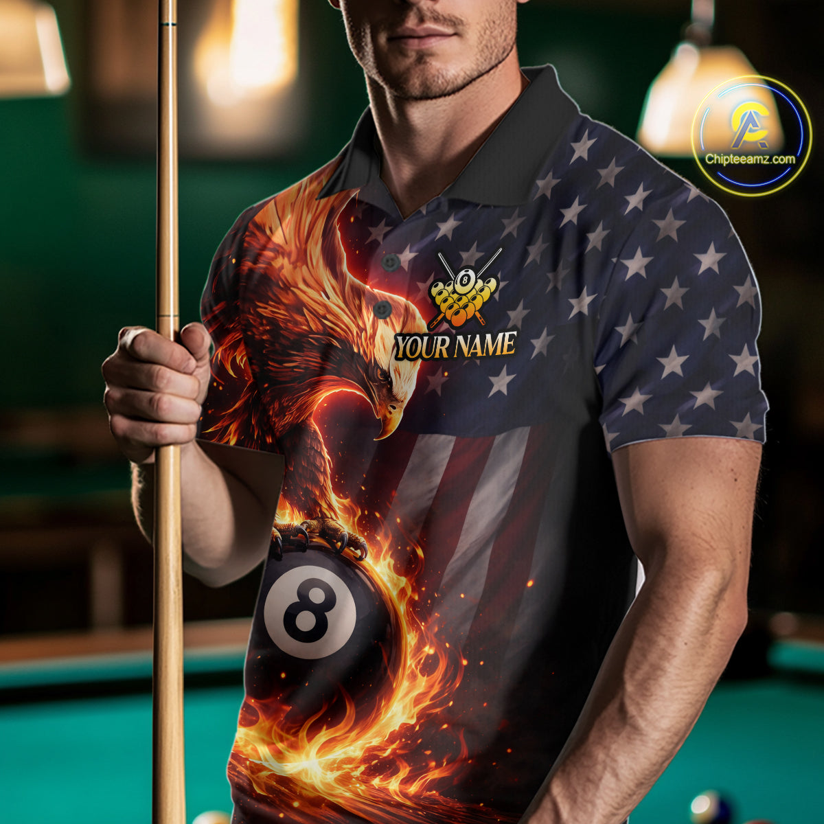 American Flag Flame 8 Ball Eagle Billiard Shirt For Men Custom Pool Team Shirt, Billiard Jersey TDM5787