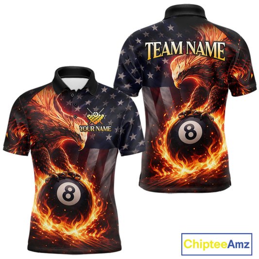 American Flag Flame 8 Ball Eagle Billiard Shirt For Men Custom Pool Team Shirt, Billiard Jersey TDM5787