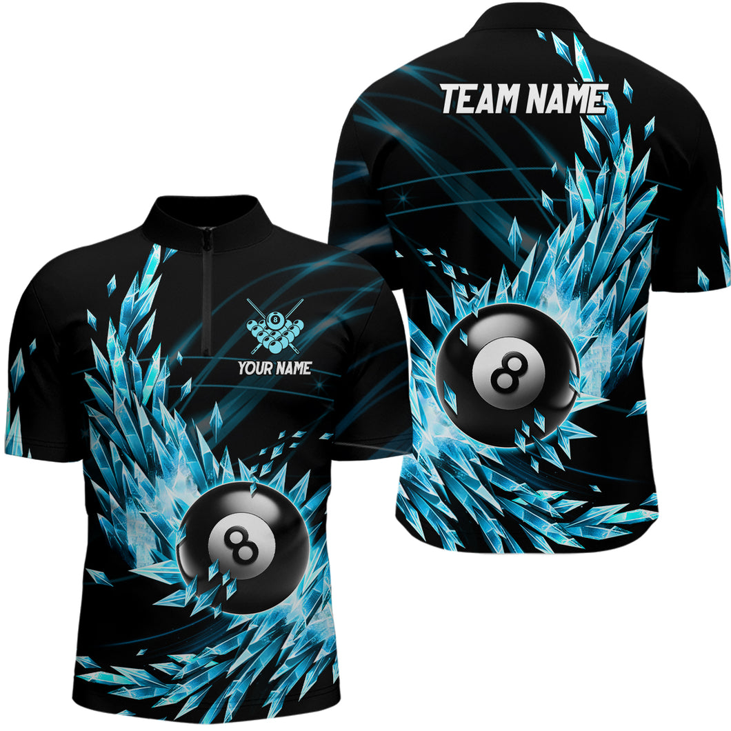 3D Blue Frozen Ice Men Billiard Quarter-Zip Shirts Custom 8 Ball Billiard Attire Jerseys  TDM1119