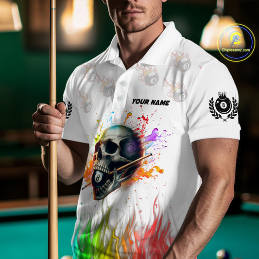 Funny Colorful Billiard Skull Personalized Men Polo Shirts, Custom Team Name Billiard Attire TDM1124