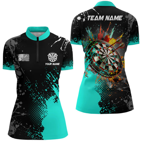 Personalized Paint Turquoise 3D Dartboard Women Quarter-Zip Shirt Custom Darts Jersey Attire TDM1500