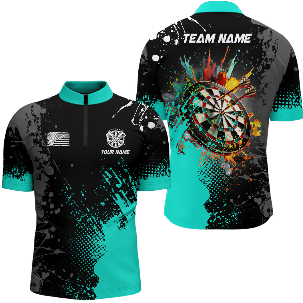 Personalized Paint Turquoise 3D Dartboard Men Quarter-Zip Shirt Custom Darts Jersey Attire TDM1500