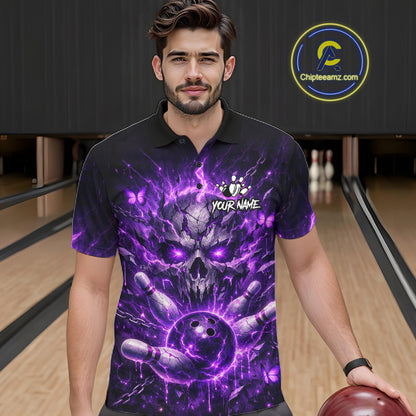 Personalized Purple Butterfly Skull Bowling Shirt For Men Custom Bowling Jersey Polo & 1/4 Zip TDM6383