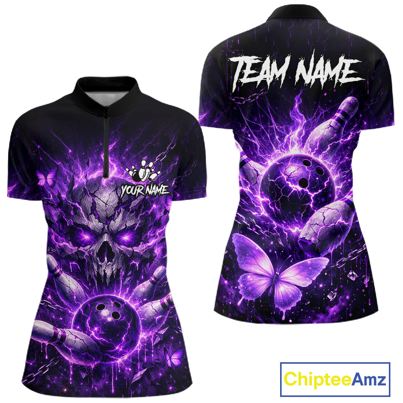 Personalized Purple Butterfly Skull Bowling Shirt For Women Custom Bowling Jersey Polo & 1/4 Zip TDM6383