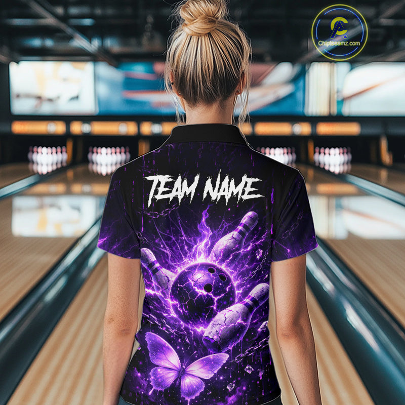 Personalized Purple Butterfly Skull Bowling Shirt For Women Custom Bowling Jersey Polo & 1/4 Zip TDM6383