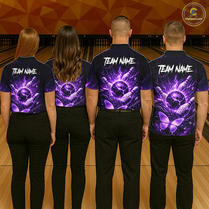 Personalized Purple Butterfly Skull Bowling Shirt For Men Custom Bowling Jersey Polo & 1/4 Zip TDM6383