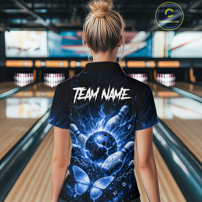 Personalized Blue Butterfly Skull Bowling Shirt For Women Custom Bowling Jersey Polo & 1/4 Zip TDM6384