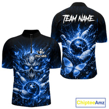Load image into Gallery viewer, Personalized Blue Butterfly Skull Bowling Shirt For Men Custom Bowling Jersey Polo &amp; 1/4 Zip TDM6384