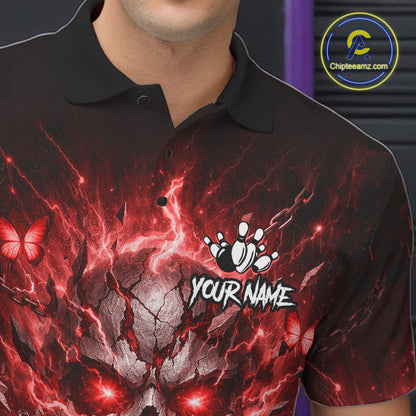 Personalized Red Butterfly Skull Bowling Shirt For Men Custom Bowling Jersey Polo & 1/4 Zip TDM6385