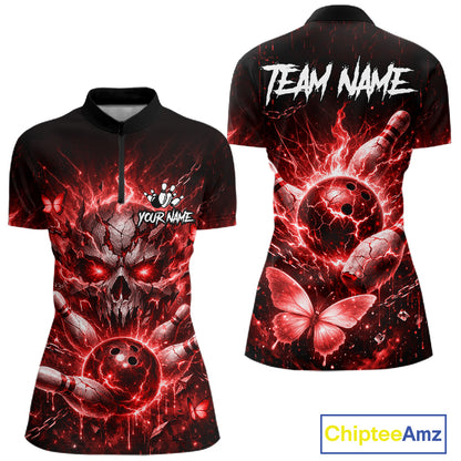 Personalized Red Butterfly Skull Bowling Shirt For Women Custom Bowling Jersey Polo & 1/4 Zip TDM6385