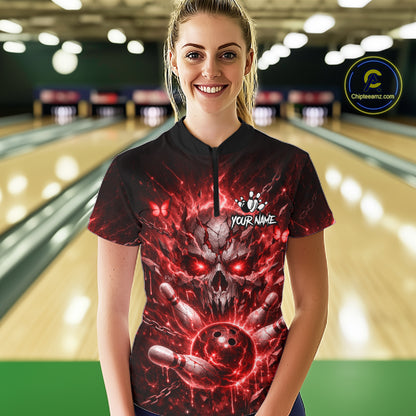 Personalized Red Butterfly Skull Bowling Shirt For Women Custom Bowling Jersey Polo & 1/4 Zip TDM6385