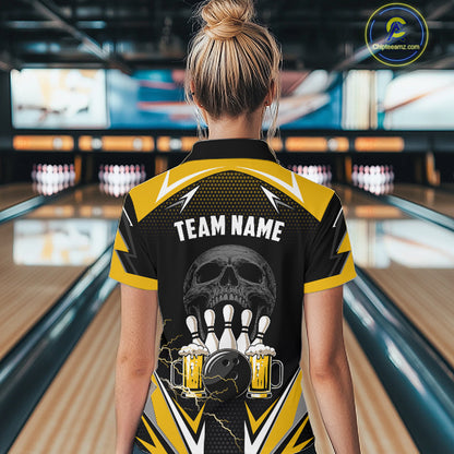 Yellow Black Funny Beer Skull Bowling Shirt For Women Custom Bowling Team Jersey Polo & 1/4 Zip TDM6388