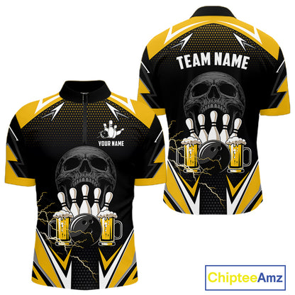 Yellow Black Funny Beer Skull Bowling Shirt For Men Custom Bowling Team Jersey Polo & 1/4 Zip TDM6388