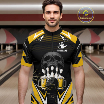 Yellow Black Funny Beer Skull Bowling Shirt For Men Custom Bowling Team Jersey Polo & 1/4 Zip TDM6388