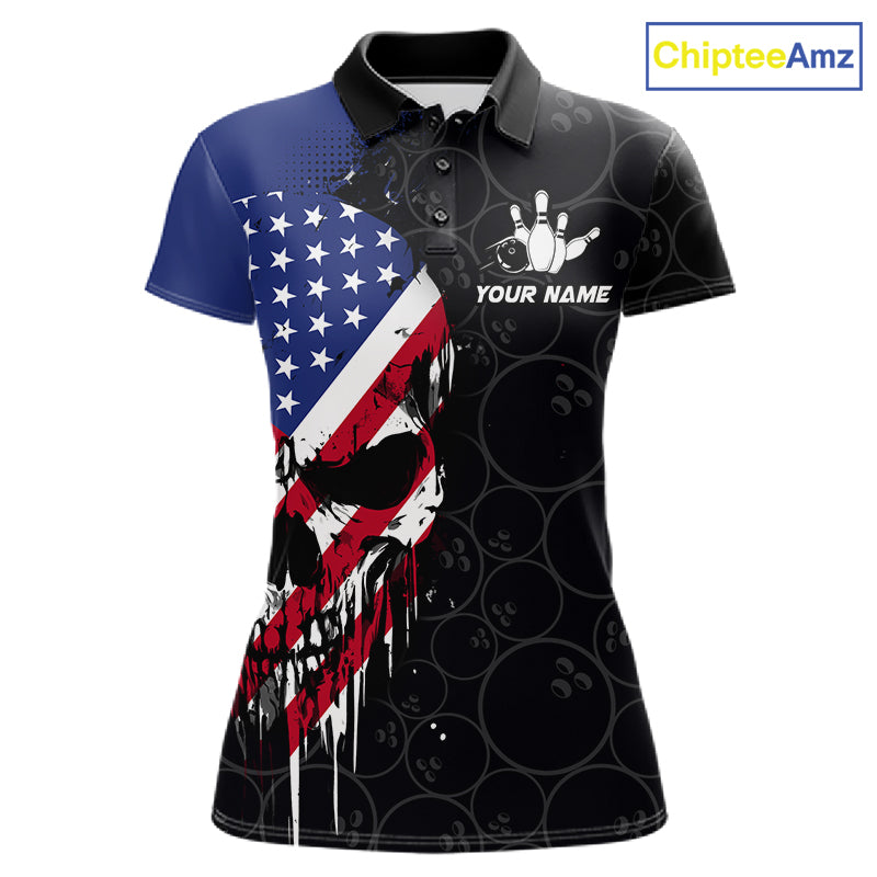 Custom American Flag Skull Bowling Jersey For Women, Patriotic Bowling Team Shirt Polo & 1/4 Zip TDM6389