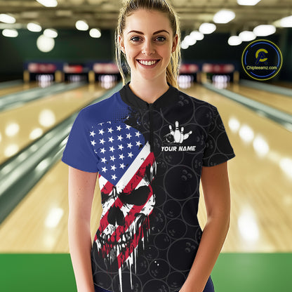 Custom American Flag Skull Bowling Jersey For Women, Patriotic Bowling Team Shirt Polo & 1/4 Zip TDM6389