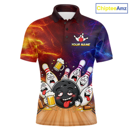 Custom lightning drunk bowling balls and pins bowling team jersey polo shirt for men featuring funny beer bowling balls and pins artwork, premium custom bowling league apparel.
