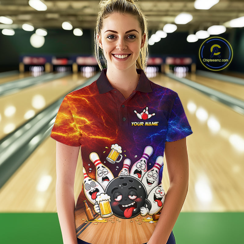 Woman wearing custom lightning drunk bowling balls and pins bowling team jersey polo shirt featuring funny bowling balls and pins artwork, front view.