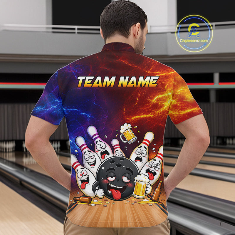 Man wearing custom lightning drunk bowling balls and pins bowling team jersey quarter zip shirt featuring bowling balls and pins artwork, back view.