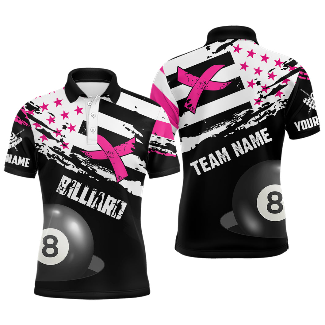 Customized Billiard Breast Cancer Flag Shirts For Men, Pink And Black Ribbon 8 Ball Billiard Jersey TDM2316