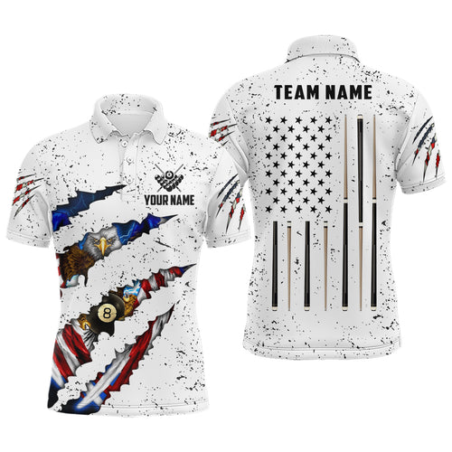 Custom Eagle American Flag White Grunge Billiard Shirts For Men, Patriotic Billiard Team Jerseys TDM2317