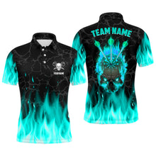 Load image into Gallery viewer, Fire Flame Skull Mens Darts Polo &amp; Quarter Zip Shirt Custom Scary Darts Team Jerseys | Turquoise TDM2552