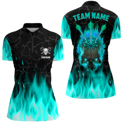 Fire Flame Skull Womens Darts Polo & Quarter Zip Shirt Custom Scary Darts Team Jerseys | Turquoise TDM2552