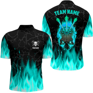 Fire Flame Skull Mens Darts Polo & Quarter Zip Shirt Custom Scary Darts Team Jerseys | Turquoise TDM2552