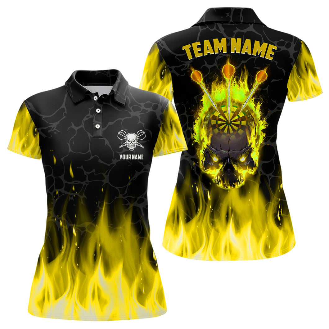 Fire Flame Skull Womens Darts Polo & Quarter Zip Shirt Custom Scary Darts Team Jerseys | Yellow TDM2554