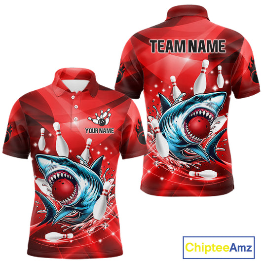 Red Funny Shark Bowling Shirt For Men Custom Bowling Team Jerseys, Personalized Gift For Bowlers TDM7629