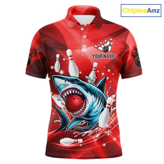 Red Funny Shark Bowling Shirt For Men Custom Bowling Team Jerseys, Personalized Gift For Bowlers TDM7629