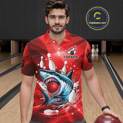 Red Funny Shark Bowling Shirt For Men Custom Bowling Team Jerseys, Personalized Gift For Bowlers TDM7629