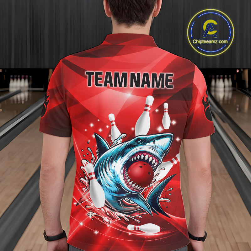 Red Funny Shark Bowling Shirt For Men Custom Bowling Team Jerseys, Personalized Gift For Bowlers TDM7629