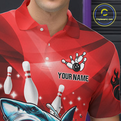 Red Funny Shark Bowling Shirt For Men Custom Bowling Team Jerseys, Personalized Gift For Bowlers TDM7629