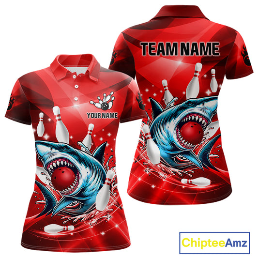 Red Funny Shark Bowling Shirt For Women Custom Bowling Team Jerseys, Personalized Gift For Bowlers TDM7629
